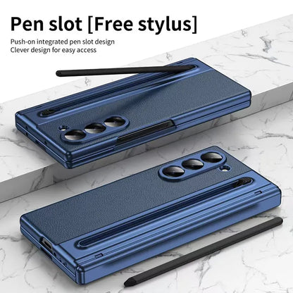 Galaxy Z Fold Series Electroplated PC+PU Leather Folding Phone Case with Front Glass Pen Slot