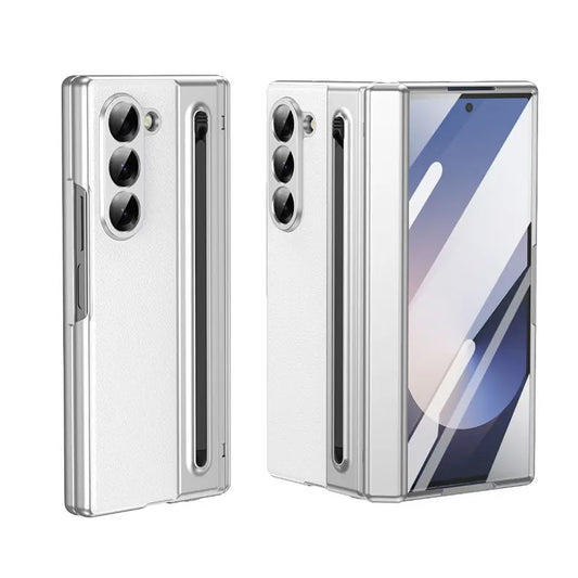Galaxy Z Fold Series Electroplated PC+PU Leather Folding Phone Case with Front Glass Pen Slot