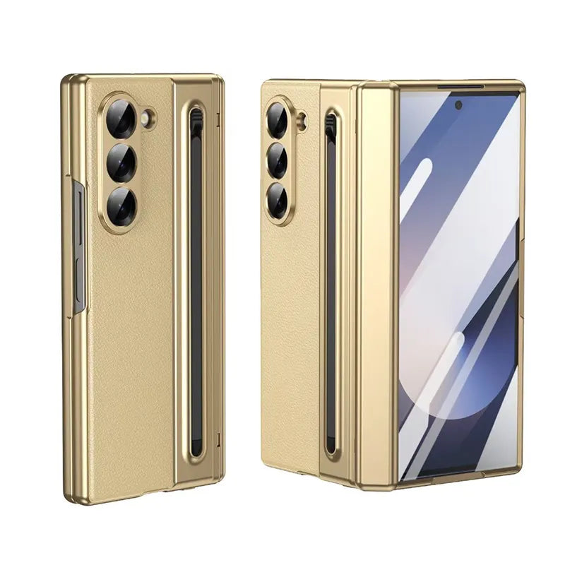 Galaxy Z Fold Series Electroplated PC+PU Leather Folding Phone Case with Front Glass Pen Slot