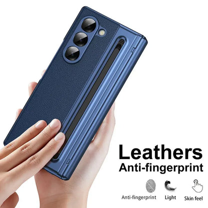 Galaxy Z Fold Series Electroplated PC+PU Leather Folding Phone Case with Front Glass Pen Slot