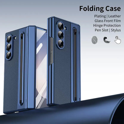 Galaxy Z Fold Series Electroplated PC+PU Leather Folding Phone Case with Front Glass Pen Slot
