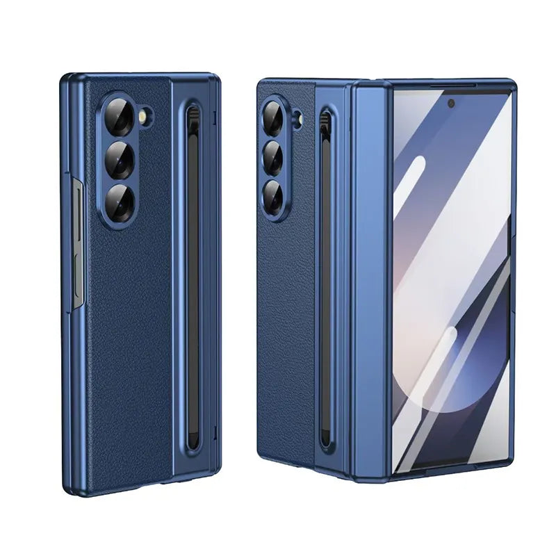 Galaxy Z Fold Series Electroplated PC+PU Leather Folding Phone Case with Front Glass Pen Slot