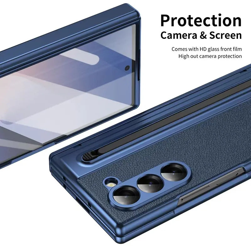 Galaxy Z Fold Series Electroplated PC+PU Leather Folding Phone Case with Front Glass Pen Slot