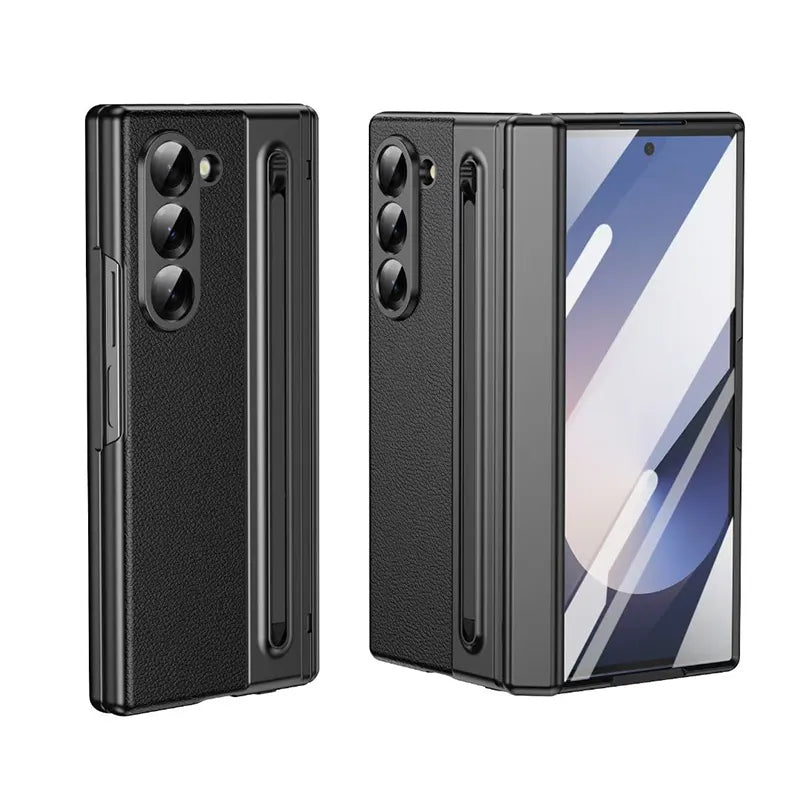 Galaxy Z Fold Series Electroplated PC+PU Leather Folding Phone Case with Front Glass Pen Slot