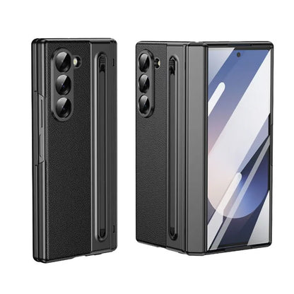 Galaxy Z Fold Series Electroplated PC+PU Leather Folding Phone Case with Front Glass Pen Slot