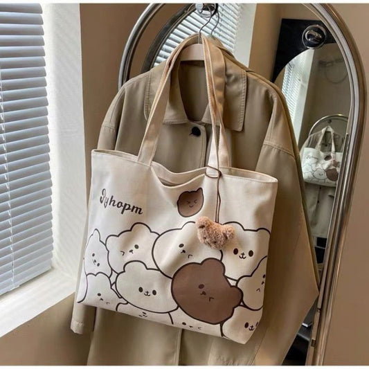 Teddy Clouds Print Canvas Tote Bag - Plush Bear Charm