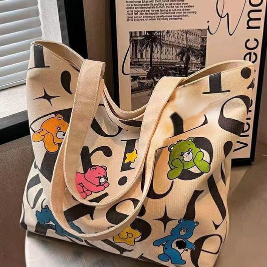 Playful Bear Graphic Canvas Tote Bag