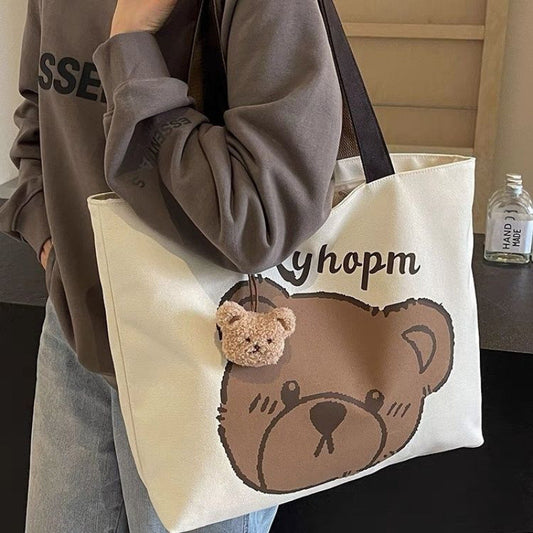 Cute Bear Print Canvas Tote Bag with Plush Charm